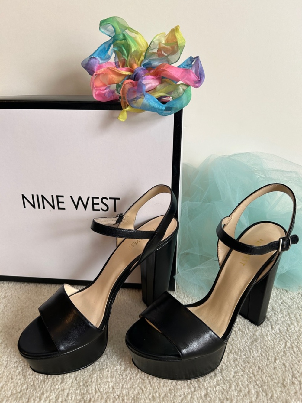 Nine West Platform Block Heel Sandals with Ankle Strap Black